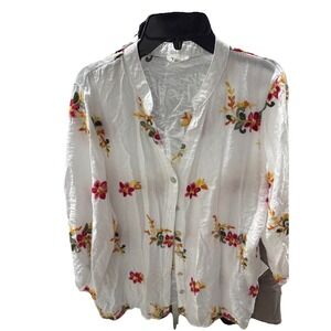 Anthropologie Kindred Large White Peasant Blouse Boho Top‎ Embroidered Floral